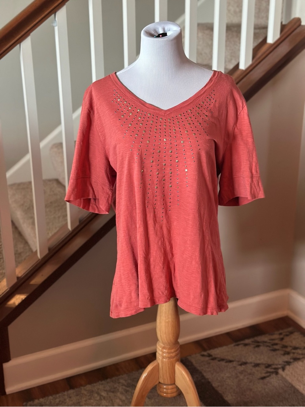 Sonoma Coral Short-Sleeve Distressed V-Neck Top with Stud Detailing - B1030